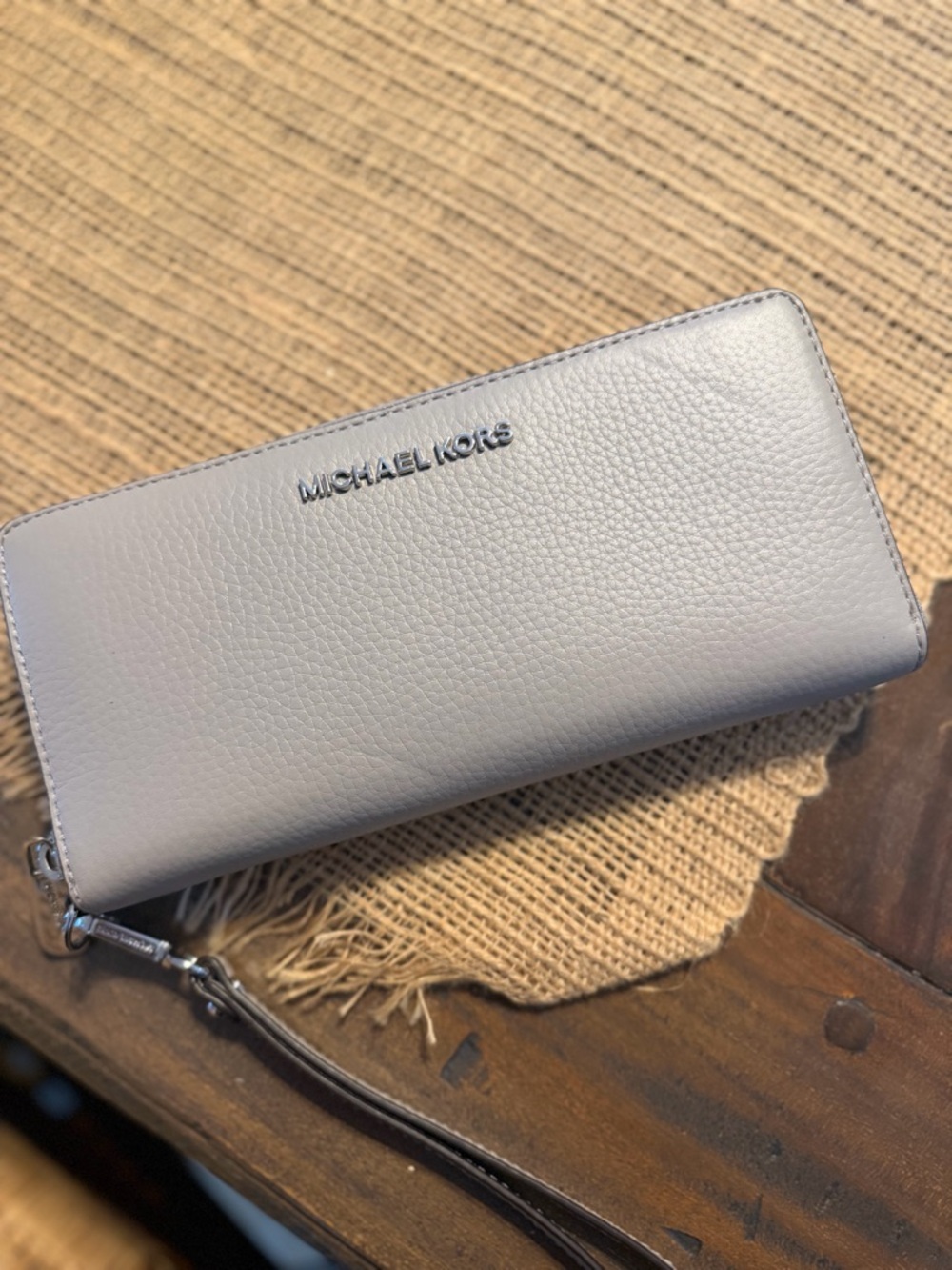 Michael Kors Pebbled Leather Wristlet in Light Gray-Blue